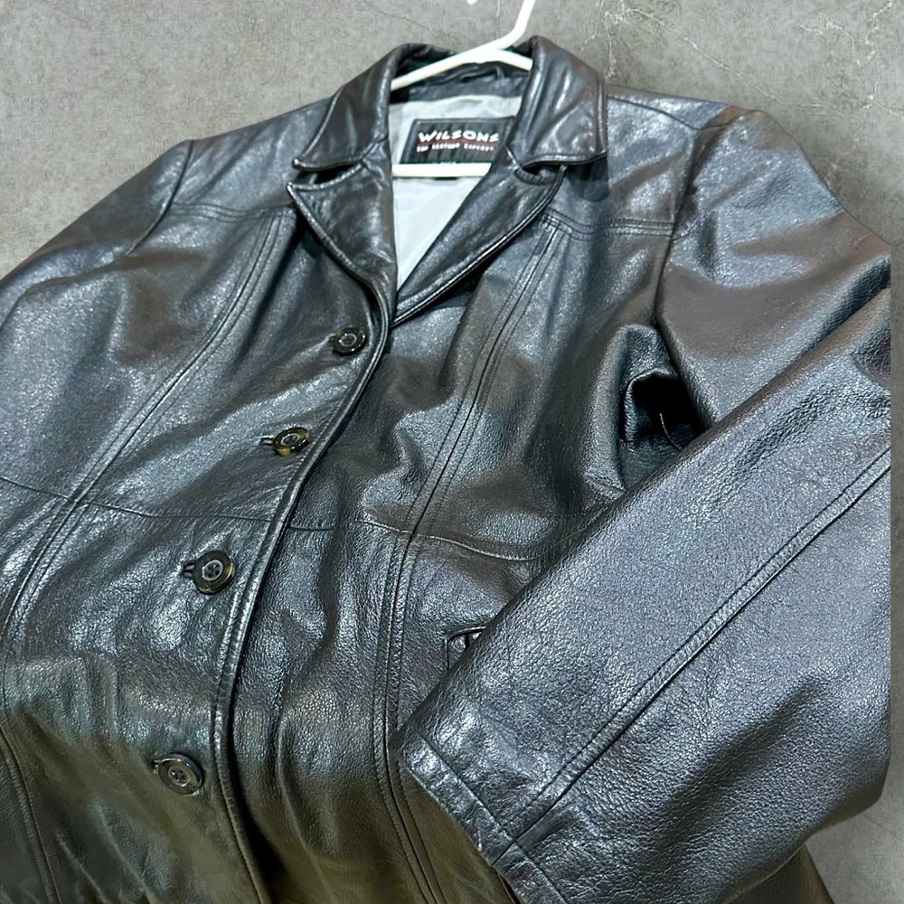 Wilsons Black Genuine Leather button front Jacket thick heavy collar pockets XL - Picture 11 of 15